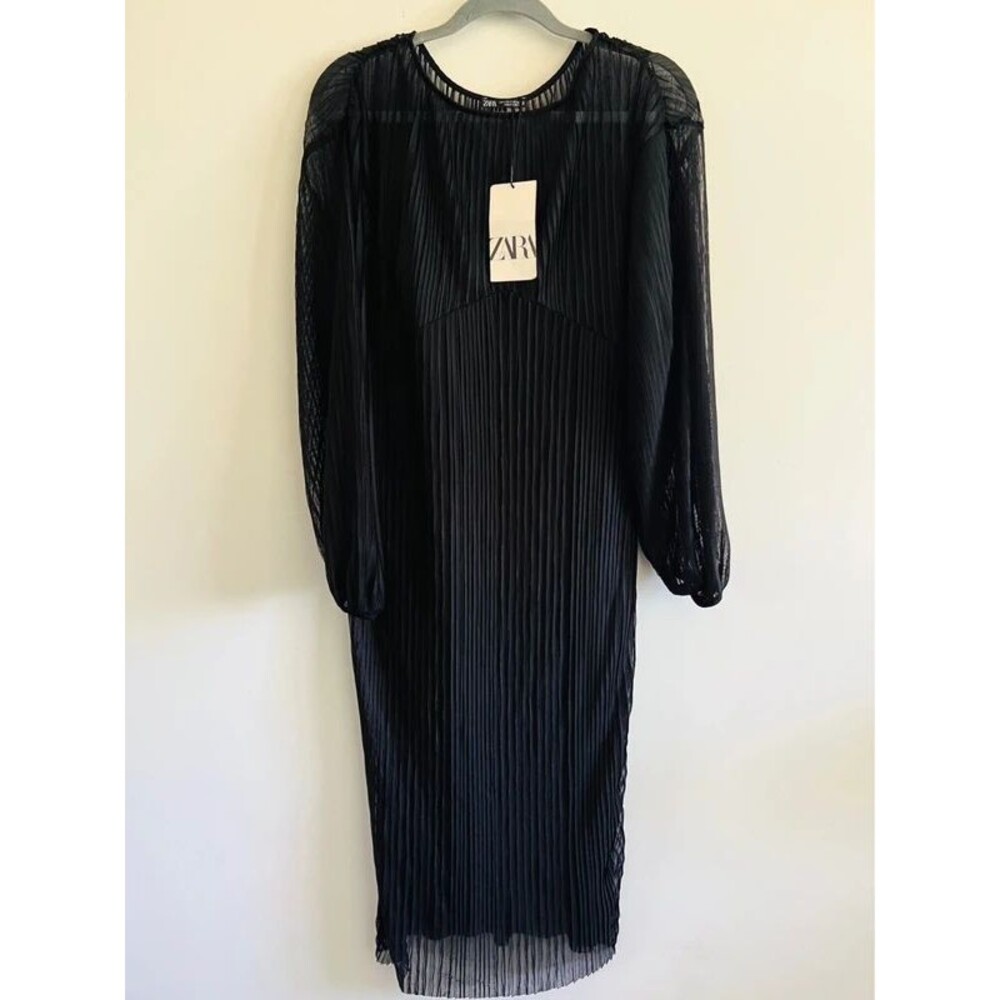 ZARA Black Pleated Midi Dress - S
